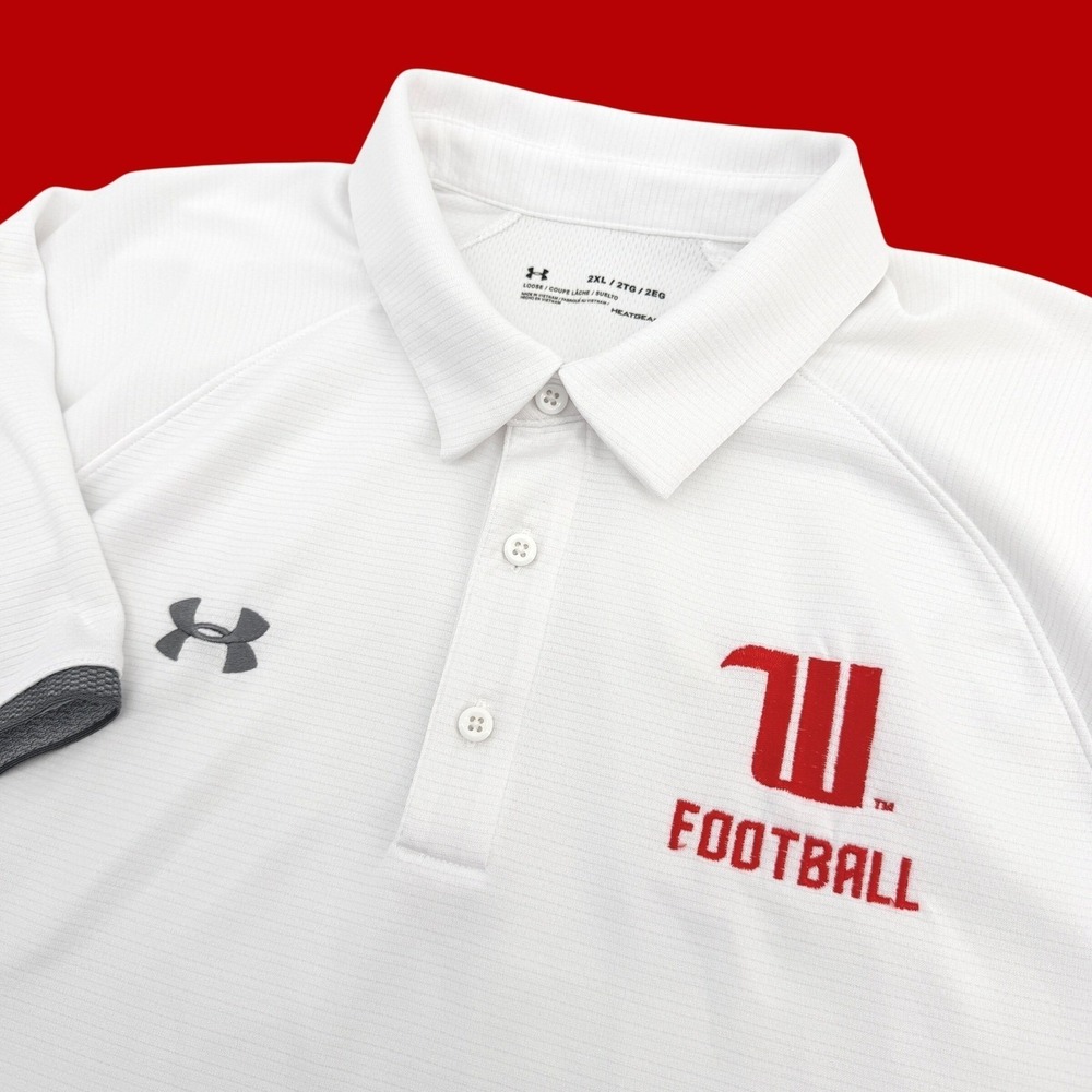 Under Armour Polo Shirt Mens 2XL White Football HeatGear Loose Fit Short Sleeve